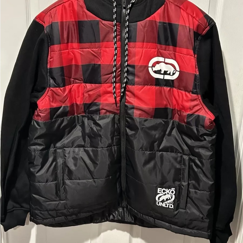 Ecko Unlimited Red and Black Plaid Puffer Coat